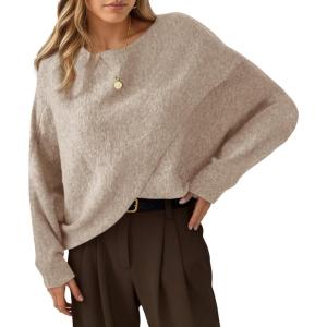 Saodimallsu Womens Oversized Batwing Sweaters Long Sleeve Crew Neck Poncho Slouchy Knit Asymmetrical Pullover Tops(Khaki)
