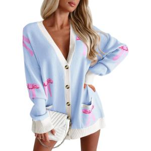 Saodimallsu Womens Oversized Cardigan Sweaters Bow Printed Button V Neck Long Sleeve Loose Knit Fall Trendy Coats(Blue)