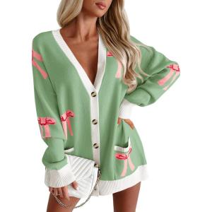 Saodimallsu Womens Oversized Cardigan Sweaters Bow Printed Button V Neck Long Sleeve Loose Knit Fall Trendy Coats(Green)
