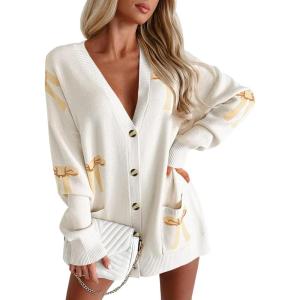 Saodimallsu Womens Oversized Cardigan Sweaters Bow Printed Button V Neck Long Sleeve Loose Knit Fall Trendy Coats(Khaki)