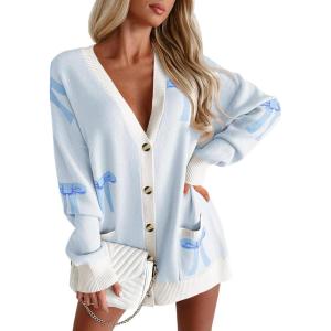 Saodimallsu Womens Oversized Cardigan Sweaters Bow Printed Button V Neck Long Sleeve Loose Knit Fall Trendy Coats(Light Blue)