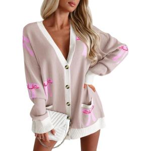 Saodimallsu Womens Oversized Cardigan Sweaters Bow Printed Button V Neck Long Sleeve Loose Knit Fall Trendy Coats(Light Brown)