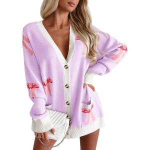 Saodimallsu Womens Oversized Cardigan Sweaters Bow Printed Button V Neck Long Sleeve Loose Knit Fall Trendy Coats(Light Purple)