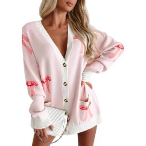 Saodimallsu Womens Oversized Cardigan Sweaters Bow Printed Button V Neck Long Sleeve Loose Knit Fall Trendy Coats(Pink)