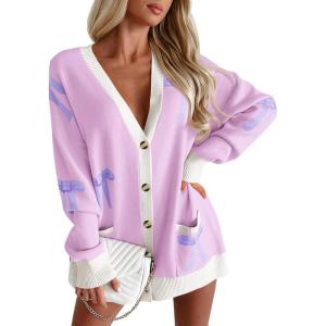 Saodimallsu Womens Oversized Cardigan Sweaters Bow Printed Button V Neck Long Sleeve Loose Knit Fall Trendy Coats(Pink Purple)