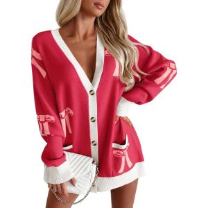 Saodimallsu Womens Oversized Cardigan Sweaters Bow Printed Button V Neck Long Sleeve Loose Knit Fall Trendy Coats(Red)