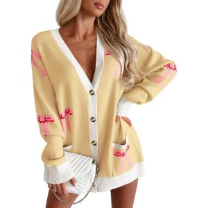 Saodimallsu Womens Oversized Cardigan Sweaters Bow Printed Button V Neck Long Sleeve Loose Knit Fall Trendy Coats(Yellow)