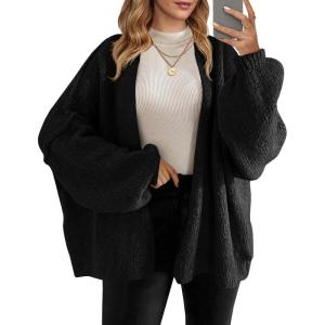 Saodimallsu Womens Oversized Cardigan Sweaters Open Front Chunky Knit Casual Long Lantern Sleeve Fall Sweater Coats(Black)