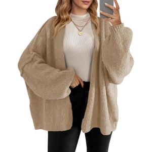 Saodimallsu Womens Oversized Cardigan Sweaters Open Front Chunky Knit Casual Long Lantern Sleeve Fall Sweater Coats(Khaki)