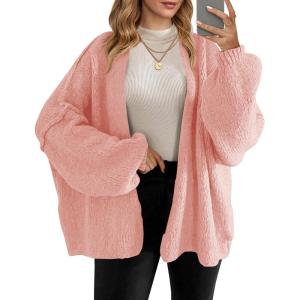 Saodimallsu Womens Oversized Cardigan Sweaters Open Front Chunky Knit Casual Long Lantern Sleeve Fall Sweater Coats(Pink)
