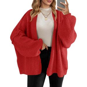 Saodimallsu Womens Oversized Cardigan Sweaters Open Front Chunky Knit Casual Long Lantern Sleeve Fall Sweater Coats(Red)