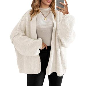 Saodimallsu Womens Oversized Cardigan Sweaters Open Front Chunky Knit Casual Long Lantern Sleeve Fall Sweater Coats(White)