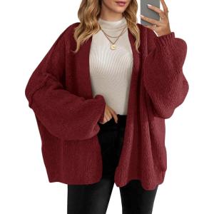 Saodimallsu Womens Oversized Cardigan Sweaters Open Front Chunky Knit Casual Long Lantern Sleeve Fall Sweater Coats(Wine Red)