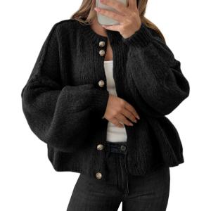 Saodimallsu Womens Oversized Cardigans Button Up Long Lantern Sleeve Chunky Knit Casual Soft Fall Sweater Coats(Black)