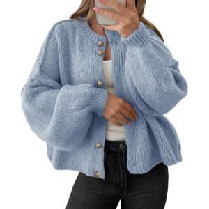 Saodimallsu Womens Oversized Cardigans Button Up Long Lantern Sleeve Chunky Knit Casual Soft Fall Sweater Coats(Blue)