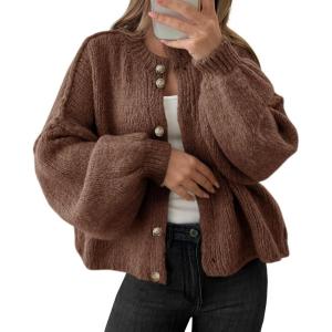 Saodimallsu Womens Oversized Cardigans Button Up Long Lantern Sleeve Chunky Knit Casual Soft Fall Sweater Coats(Coffee)