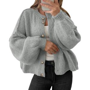 Saodimallsu Womens Oversized Cardigans Button Up Long Lantern Sleeve Chunky Knit Casual Soft Fall Sweater Coats(Gray)