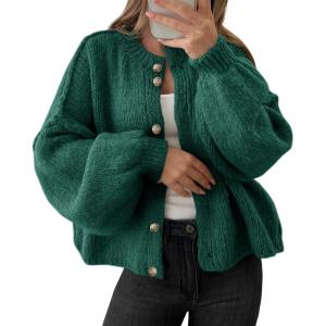 Saodimallsu Womens Oversized Cardigans Button Up Long Lantern Sleeve Chunky Knit Casual Soft Fall Sweater Coats(Green)