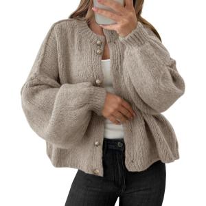 Saodimallsu Womens Oversized Cardigans Button Up Long Lantern Sleeve Chunky Knit Casual Soft Fall Sweater Coats(Khaki)