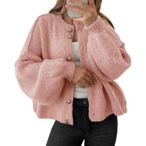 Saodimallsu Womens Oversized Cardigans Button Up Long Lantern Sleeve Chunky Knit Casual Soft Fall Sweater Coats(Pink)