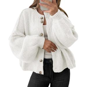 Saodimallsu Womens Oversized Cardigans Button Up Long Lantern Sleeve Chunky Knit Casual Soft Fall Sweater Coats(White)