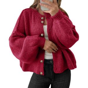 Saodimallsu Womens Oversized Cardigans Button Up Long Lantern Sleeve Chunky Knit Casual Soft Fall Sweater Coats(Wine Red)