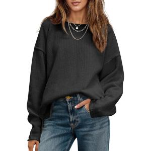 Saodimallsu Womens Oversized Crew Neck Sweaters Long Sleeve Slouchy Knit Fall Casual Loose Side Split Pullover Tops(Black)