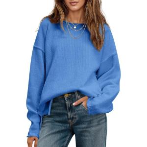 Saodimallsu Womens Oversized Crew Neck Sweaters Long Sleeve Slouchy Knit Fall Casual Loose Side Split Pullover Tops(Blue)