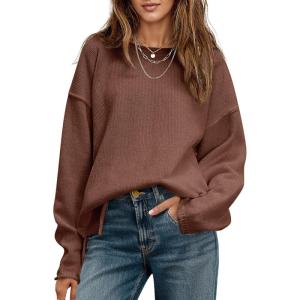 Saodimallsu Womens Oversized Crew Neck Sweaters Long Sleeve Slouchy Knit Fall Casual Loose Side Split Pullover Tops(Brown)