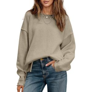Saodimallsu Womens Oversized Crew Neck Sweaters Long Sleeve Slouchy Knit Fall Casual Loose Side Split Pullover Tops(Dark Khaki)