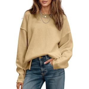 Saodimallsu Womens Oversized Crew Neck Sweaters Long Sleeve Slouchy Knit Fall Casual Loose Side Split Pullover Tops(Khaki)