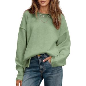 Saodimallsu Womens Oversized Crew Neck Sweaters Long Sleeve Slouchy Knit Fall Casual Loose Side Split Pullover Tops(Mint)