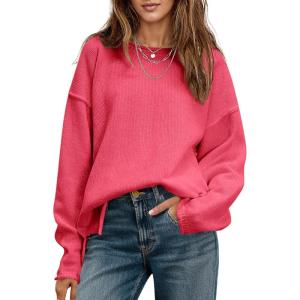 Saodimallsu Womens Oversized Crew Neck Sweaters Long Sleeve Slouchy Knit Fall Casual Loose Side Split Pullover Tops(Red)