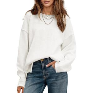 Saodimallsu Womens Oversized Crew Neck Sweaters Long Sleeve Slouchy Knit Fall Casual Loose Side Split Pullover Tops(White)