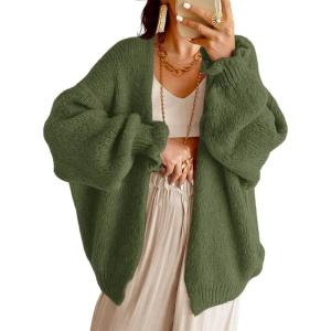 Saodimallsu Womens Oversized Open Front Cardigan Fall Ruffle Lantern Long Sleeve Chunky Knit Loose Sweater Coats(Army Green)