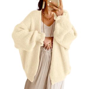 Saodimallsu Womens Oversized Open Front Cardigan Fall Ruffle Lantern Long Sleeve Chunky Knit Loose Sweater Coats(Beige)