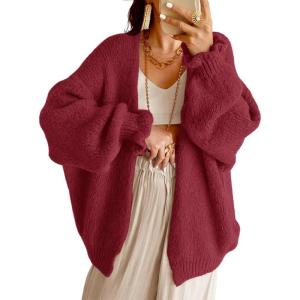 Saodimallsu Womens Oversized Open Front Cardigan Fall Ruffle Lantern Long Sleeve Chunky Knit Loose Sweater Coats(Burgundy)