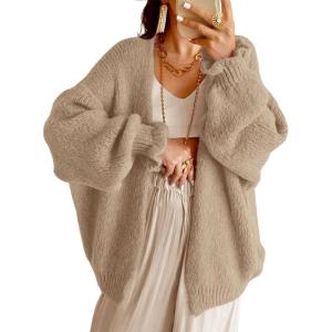 Saodimallsu Womens Oversized Open Front Cardigan Fall Ruffle Lantern Long Sleeve Chunky Knit Loose Sweater Coats(Camel)
