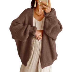 Saodimallsu Womens Oversized Open Front Cardigan Fall Ruffle Lantern Long Sleeve Chunky Knit Loose Sweater Coats(Coffee)