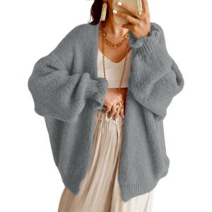 Saodimallsu Womens Oversized Open Front Cardigan Fall Ruffle Lantern Long Sleeve Chunky Knit Loose Sweater Coats(Grey)