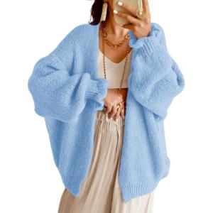 Saodimallsu Womens Oversized Open Front Cardigan Fall Ruffle Lantern Long Sleeve Chunky Knit Loose Sweater Coats(Light Blue)