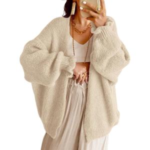 Saodimallsu Womens Oversized Open Front Cardigan Fall Ruffle Lantern Long Sleeve Chunky Knit Loose Sweater Coats(Light Khaki)