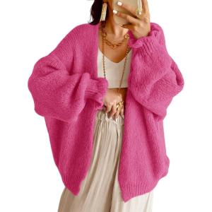 Saodimallsu Womens Oversized Open Front Cardigan Fall Ruffle Lantern Long Sleeve Chunky Knit Loose Sweater Coats(Rose Red)
