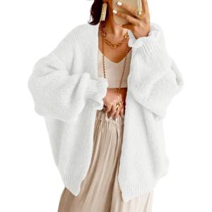 Saodimallsu Womens Oversized Open Front Cardigan Fall Ruffle Lantern Long Sleeve Chunky Knit Loose Sweater Coats(White)
