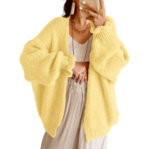 Saodimallsu Womens Oversized Open Front Cardigan Fall Ruffle Lantern Long Sleeve Chunky Knit Loose Sweater Coats(Yellow)