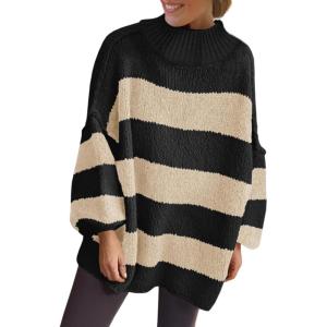 Saodimallsu Womens Oversized Striped Sweater Mock Neck Chunky Knit Lantern Long Sleeve Fall Trendy Tunic Sweaters Top(Black)