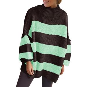 Saodimallsu Womens Oversized Striped Sweater Mock Neck Chunky Knit Lantern Long Sleeve Fall Trendy Tunic Sweaters Top(Coffee)