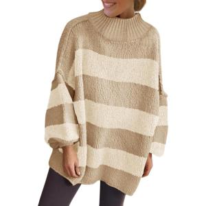 Saodimallsu Womens Oversized Striped Sweater Mock Neck Chunky Knit Lantern Long Sleeve Fall Trendy Tunic Sweaters Top(Light Khaki)