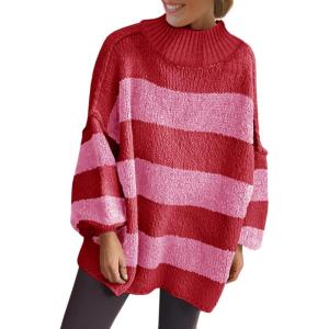 Saodimallsu Womens Oversized Striped Sweater Mock Neck Chunky Knit Lantern Long Sleeve Fall Trendy Tunic Sweaters Top(Red)
