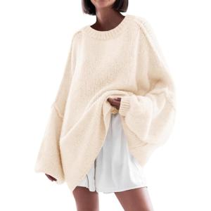 Saodimallsu Womens Oversized Sweater Chunky Crew Neck Long Lantern Sleeve Knit Fall Trendy Tunic Sweaters Top(Beige)